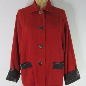 Vtg Veranda Wear M Red Black Handwoven Cotton Coat